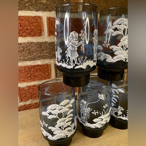 VTG Lot 7 Mary Gregory 6 Smoke Blue Painted Fishing Boy‎ & Girl Drinking Glasses - Picture 2 of 10